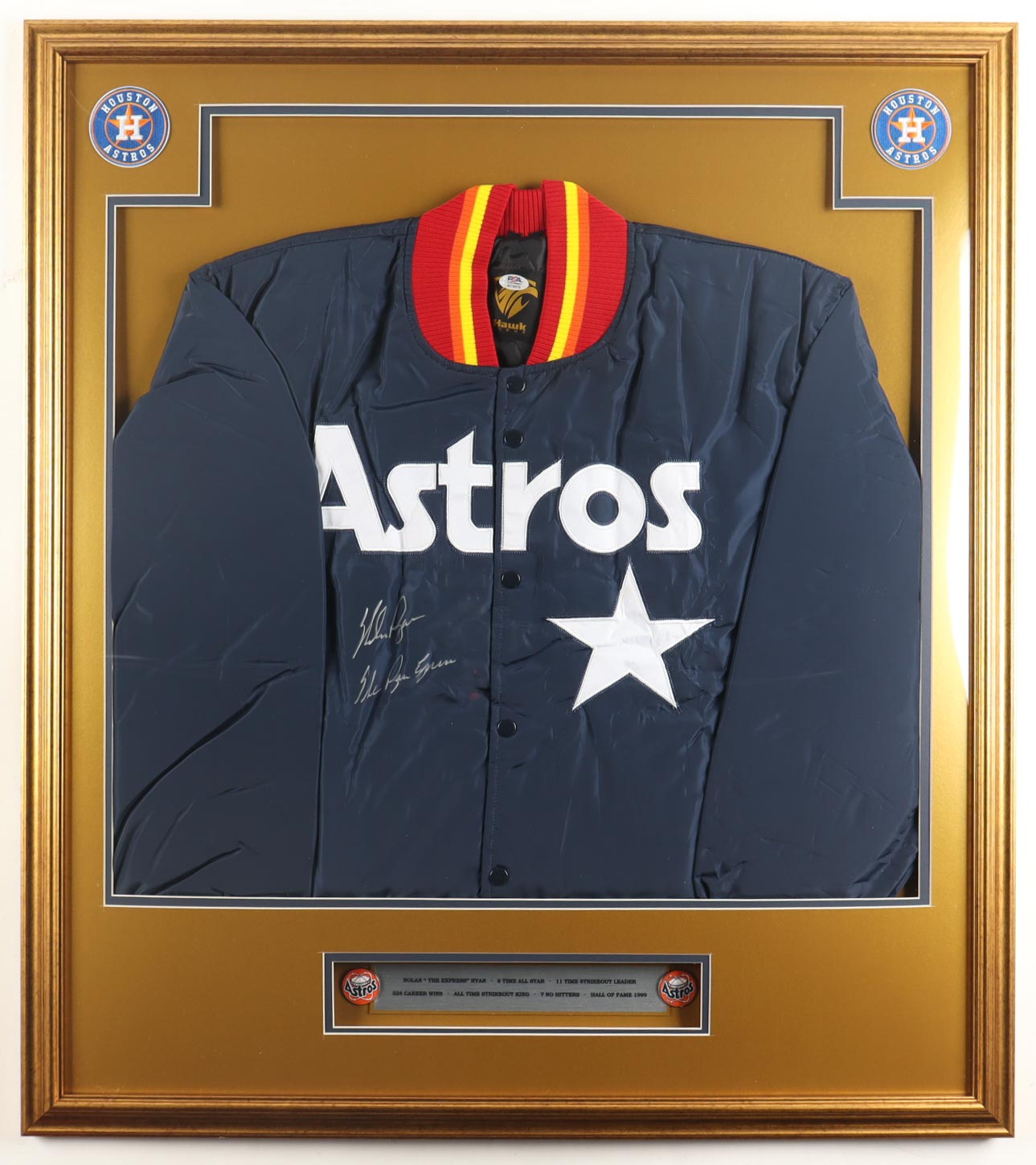 Nolan Ryan Signed Custom Framed Warm-Up Jacket Display Inscribed "The Ryan Express" with (2) Astros Pins (PSA) at PristineAuction.com Nolan Ryan Signed Custom Framed Warm-Up Jacket Display Inscribed "The Ryan Express" with (2) Astros Pins (PSA) at PristineAuction.com