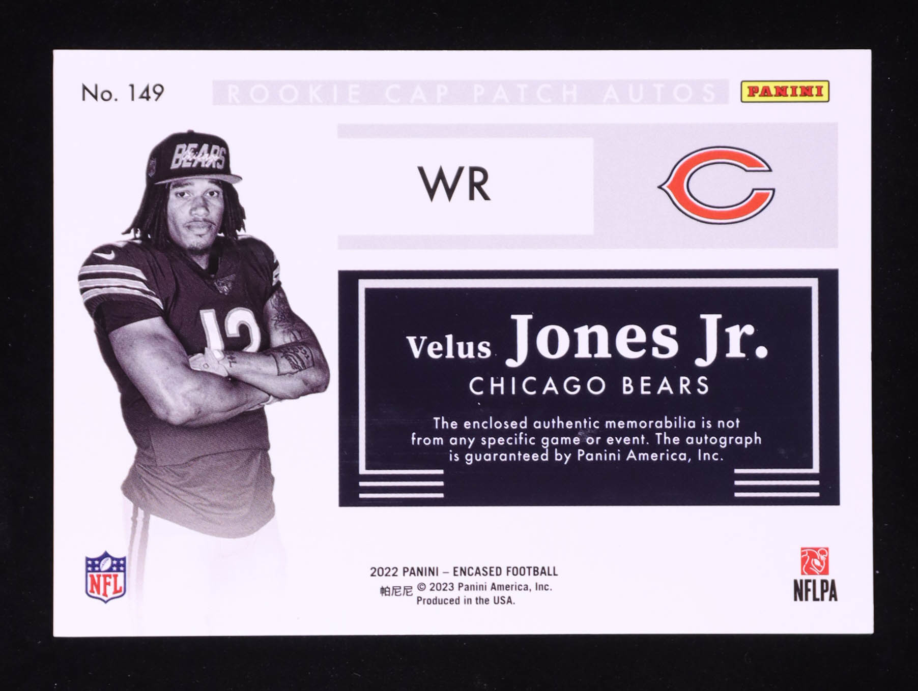 Velus Jones Jr. 2022 Panini Encased Rookie Cap Patch Autographs #149 RC #09/50 at PristineAuction.com Velus Jones Jr. 2022 Panini Encased Rookie Cap Patch Autographs #149 RC #09/50 at PristineAuction.com