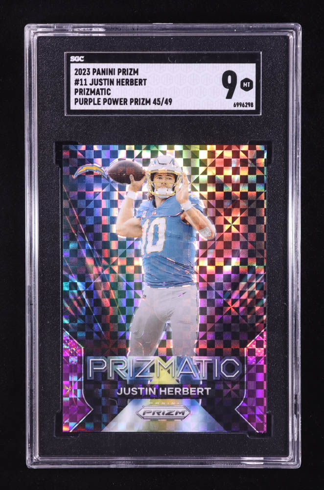 Justin Herbert 2023 Panini Prizm Prizmatic Prizms Purple Power #11 #45/49 (SGC 9) at PristineAuction.com Justin Herbert 2023 Panini Prizm Prizmatic Prizms Purple Power #11 #45/49 (SGC 9) at PristineAuction.com