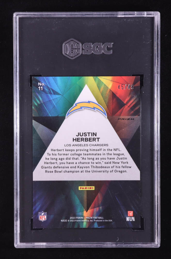 Justin Herbert 2023 Panini Prizm Prizmatic Prizms Purple Power #11 #45/49 (SGC 9) at PristineAuction.com Justin Herbert 2023 Panini Prizm Prizmatic Prizms Purple Power #11 #45/49 (SGC 9) at PristineAuction.com