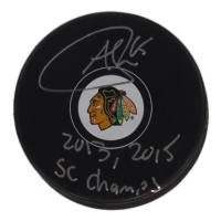 Andrew Shaw Signed Blackhawks Logo Hockey Puck Inscribed "2013, 2015 SC Champs" (Schwartz) at PristineAuction.com