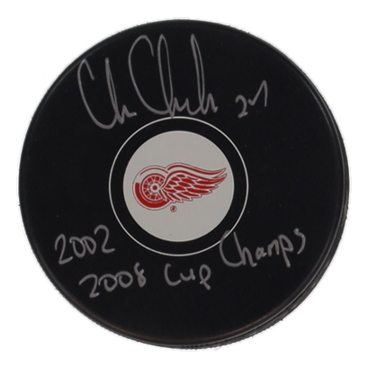 Chris Chelios Signed Red Wings Logo Hockey Puck Inscribed "2002, 2008 Cup Champs" (Schwartz) at PristineAuction.com Chris Chelios Signed Red Wings Logo Hockey Puck Inscribed "2002, 2008 Cup Champs" (Schwartz) at PristineAuction.com