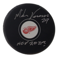 Mike Vernon Signed Flames Logo Hockey Puck Inscribed "HOF 2023" (Schwartz) at PristineAuction.com