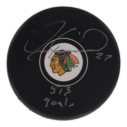 Jeremy Roenick Signed Blackhawks Logo Hockey Puck Inscribed "513 Goals" (Schwartz) at PristineAuction.com Jeremy Roenick Signed Blackhawks Logo Hockey Puck Inscribed "513 Goals" (Schwartz) at PristineAuction.com