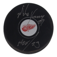 Mike Vernon Signed Flames Logo Hockey Puck Inscribed "HOF 23" (Schwartz) at PristineAuction.com