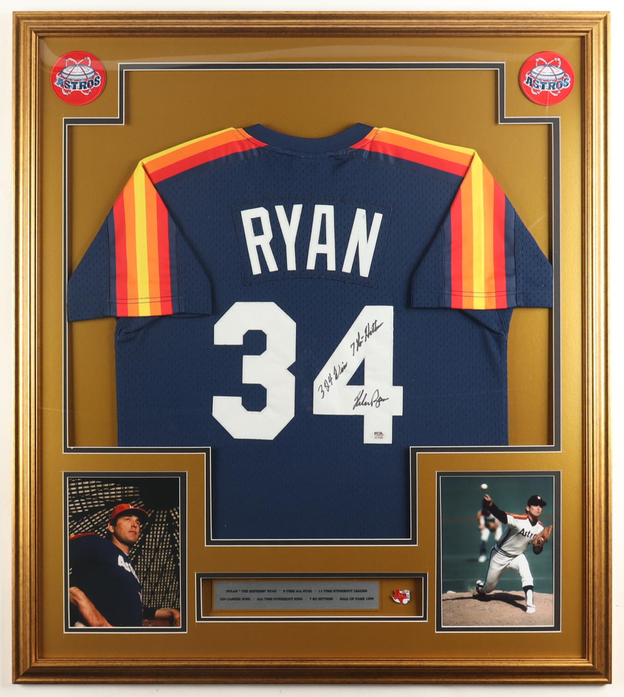 Nolan Ryan Signed Custom Framed Jersey Display Inscribed "324 Wins" & "7 No-Hitters" with No-Hitter Pin (PSA) at PristineAuction.com Nolan Ryan Signed Custom Framed Jersey Display Inscribed "324 Wins" & "7 No-Hitters" with No-Hitter Pin (PSA) at PristineAuction.com