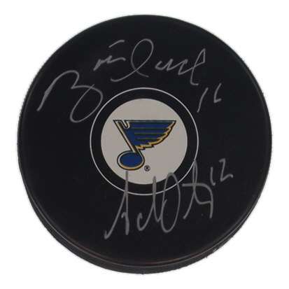 Brett Hull & Adam Oates Signed Blues Logo Hockey Puck (Schwartz) at PristineAuction.com Brett Hull & Adam Oates Signed Blues Logo Hockey Puck (Schwartz) at PristineAuction.com