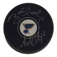 Brett Hull & Adam Oates Signed Blues Logo Hockey Puck (Schwartz) at PristineAuction.com