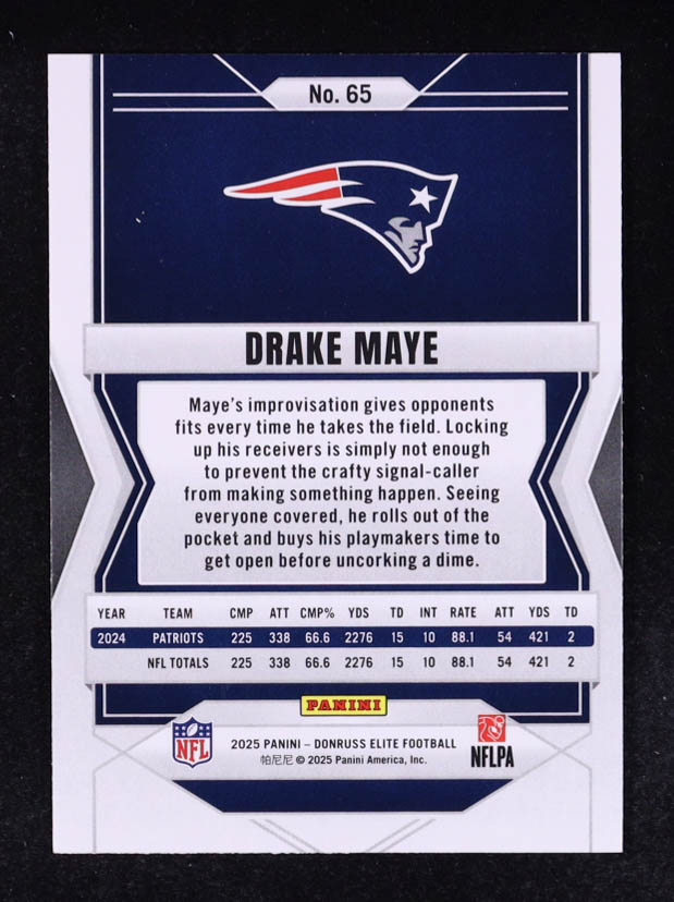 Drake Maye 2025 Panini Donruss Elite Green Disco #65 at PristineAuction.com Drake Maye 2025 Panini Donruss Elite Green Disco #65 at PristineAuction.com