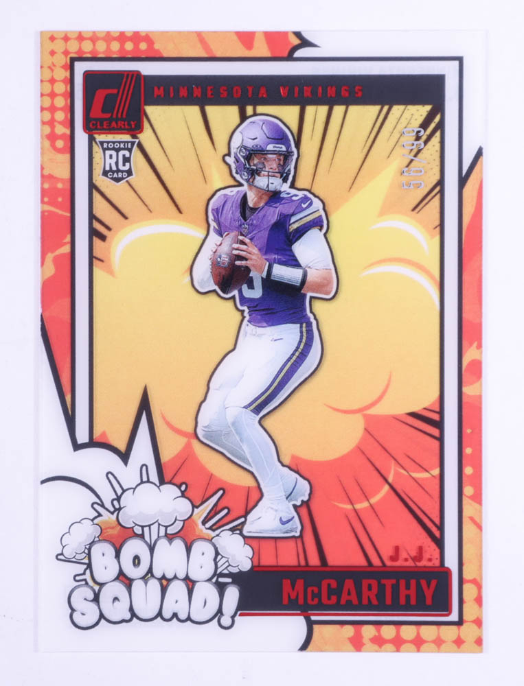 JJ McCarthy 2024 Clearly Donruss Clearly Bomb Squad Red #5 RC #56/99