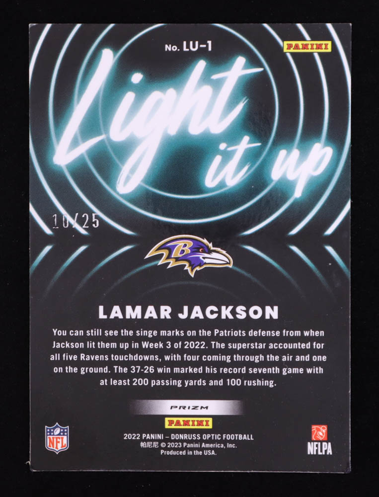 Lamar Jackson 2022 Donruss Optic Light it Up Black Pandora #1 #10/25 at PristineAuction.com Lamar Jackson 2022 Donruss Optic Light it Up Black Pandora #1 #10/25 at PristineAuction.com