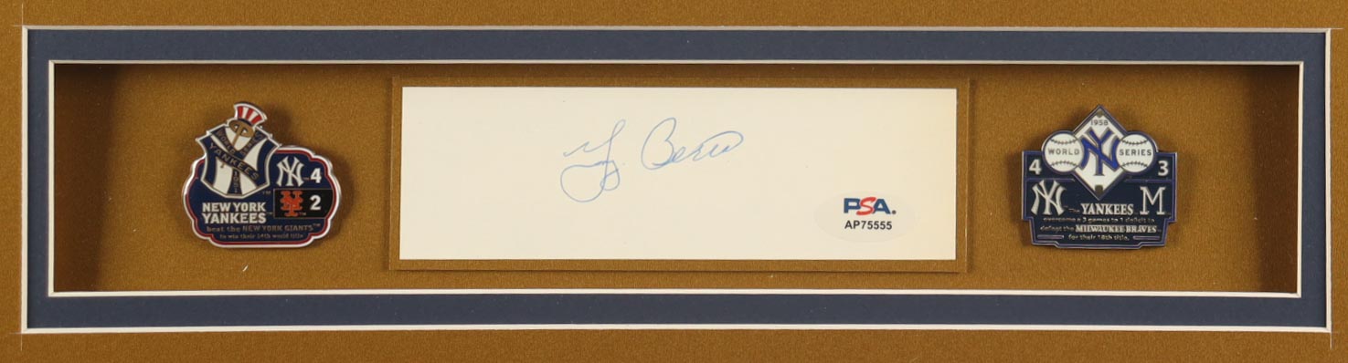 Yogi Berra Signed Custom Framed Index Card Display with Jersey & (2) World Series Pins (PSA) at PristineAuction.com Yogi Berra Signed Custom Framed Index Card Display with Jersey & (2) World Series Pins (PSA) at PristineAuction.com