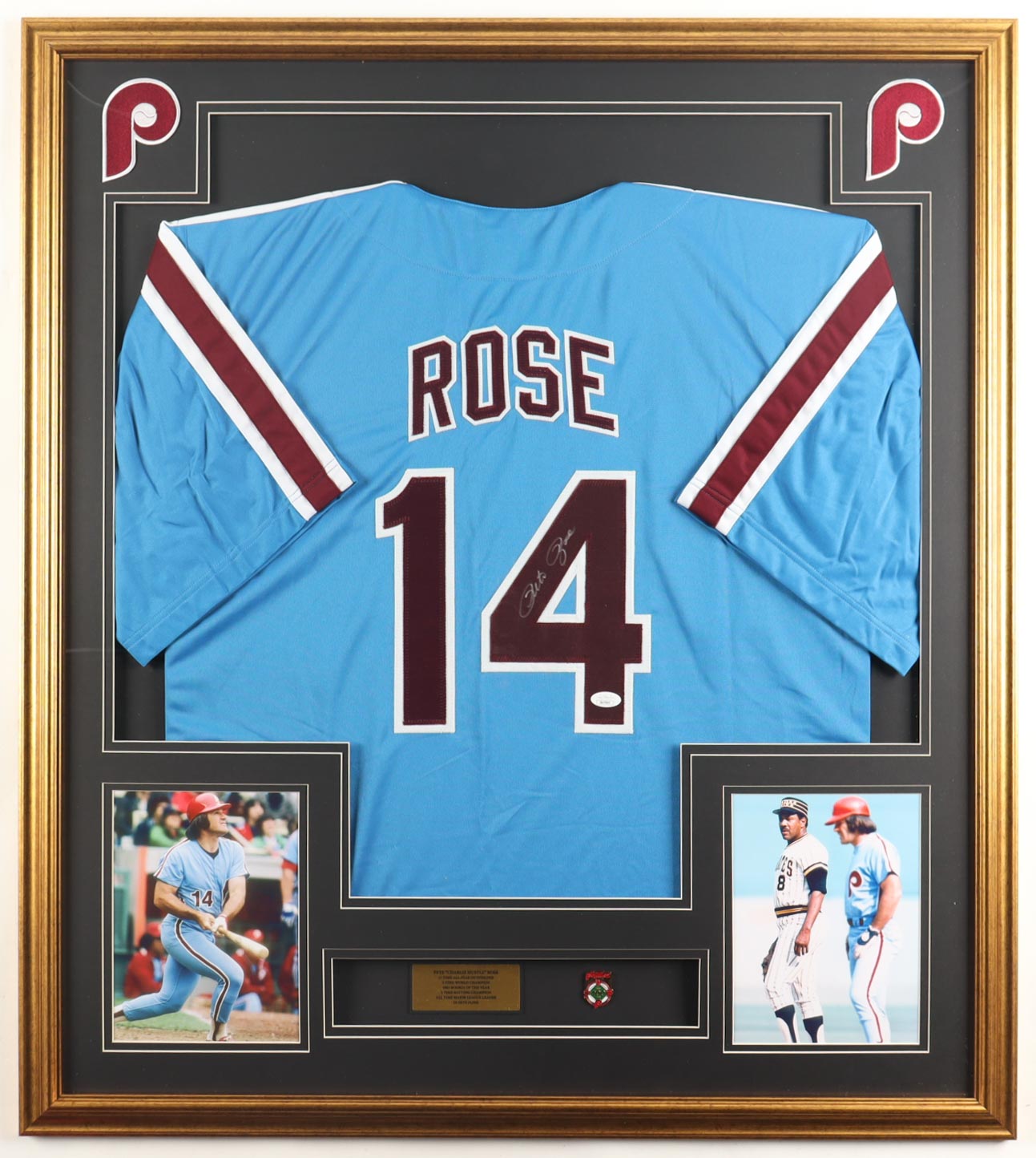 Pete Rose Signed Custom Framed Jersey Display & Pin (JSA) at PristineAuction.com Pete Rose Signed Custom Framed Jersey Display & Pin (JSA) at PristineAuction.com