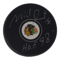 Michel Goulet Signed Blackhawks Logo Hockey Puck Inscribed "HOF '98" (Schwartz) at PristineAuction.com