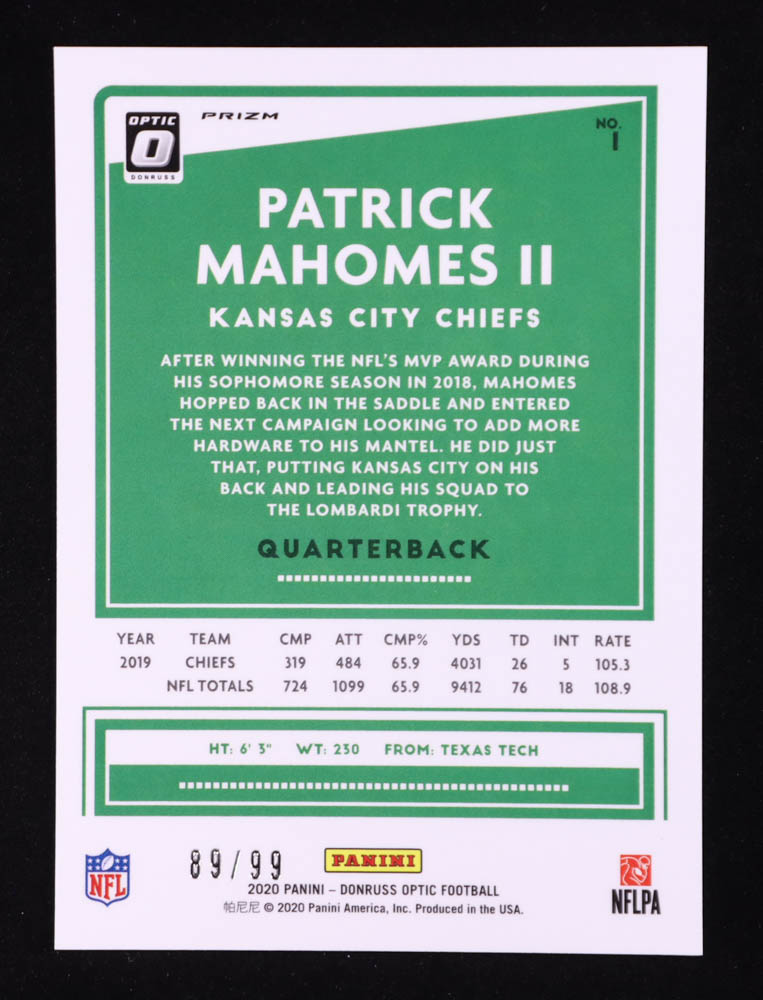 Patrick Mahomes II 2020 Donruss Optic Red #1 #89/99 at PristineAuction.com Patrick Mahomes II 2020 Donruss Optic Red #1 #89/99 at PristineAuction.com