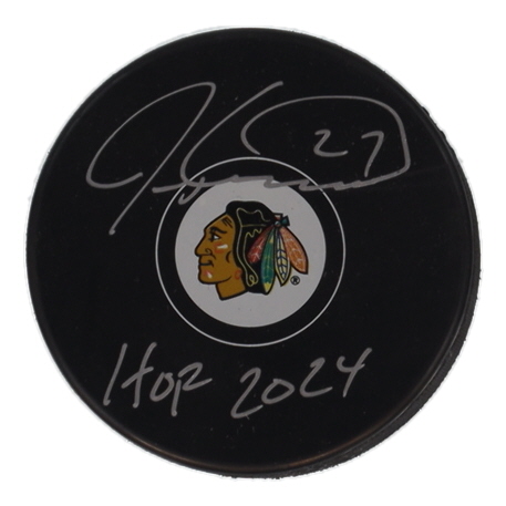 Jeremy Roenick Signed Blackhawks Logo Hockey Puck Inscribed "HOF 2024" (Schwartz) at PristineAuction.com Jeremy Roenick Signed Blackhawks Logo Hockey Puck Inscribed "HOF 2024" (Schwartz) at PristineAuction.com