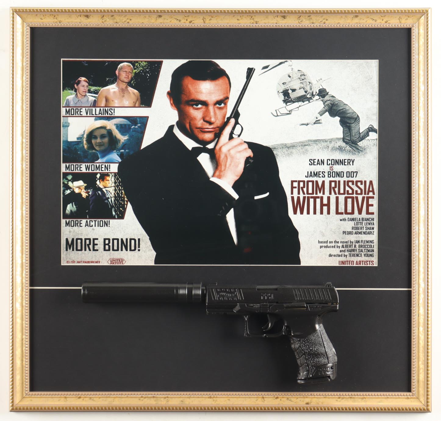 "From Russian with Love" Custom Framed Photo Display with Prop Replica Walther PPK Pistol with Silencer at PristineAuction.com "From Russian with Love" Custom Framed Photo Display with Prop Replica Walther PPK Pistol with Silencer at PristineAuction.com