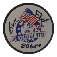 Buzz Schneider Signed 1980 Miracle On Ice Logo Hockey Puck Inscribed "80 Gold" (Schwartz) at PristineAuction.com
