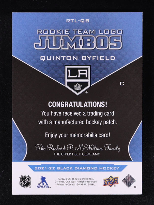 Quinton Byfield 2022 Upper Deck Black Diamond Rookie Team Logo Jumbos Patch #RTL-Q8 RC at PristineAuction.com Quinton Byfield 2022 Upper Deck Black Diamond Rookie Team Logo Jumbos Patch #RTL-Q8 RC at PristineAuction.com