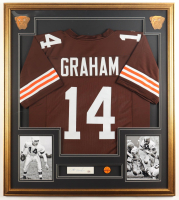 Otto Graham Signed Custom Framed Cut Display with Jersey and 1965 Vintage Cleveland Browns Football Pin (PSA) at PristineAuction.com