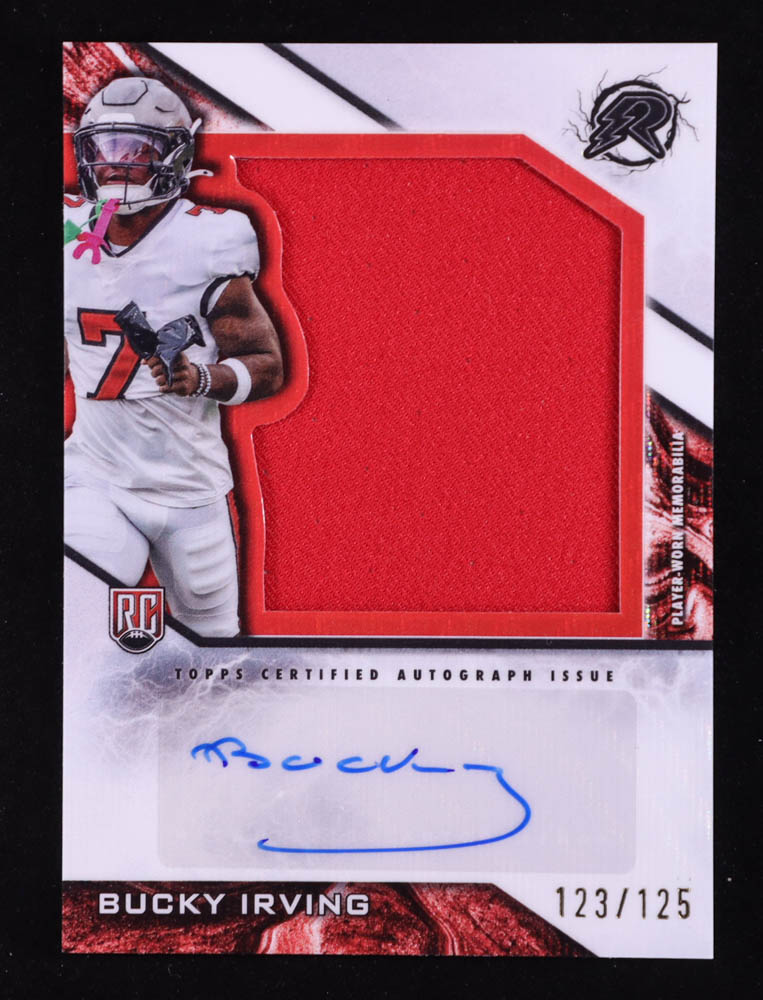 Bucky Irving 2024 Topps Resurgence Resurgence Rookie Patch Autographs White Surge #RPABI RC #123/125 at PristineAuction.com Bucky Irving 2024 Topps Resurgence Resurgence Rookie Patch Autographs White Surge #RPABI RC #123/125 at PristineAuction.com