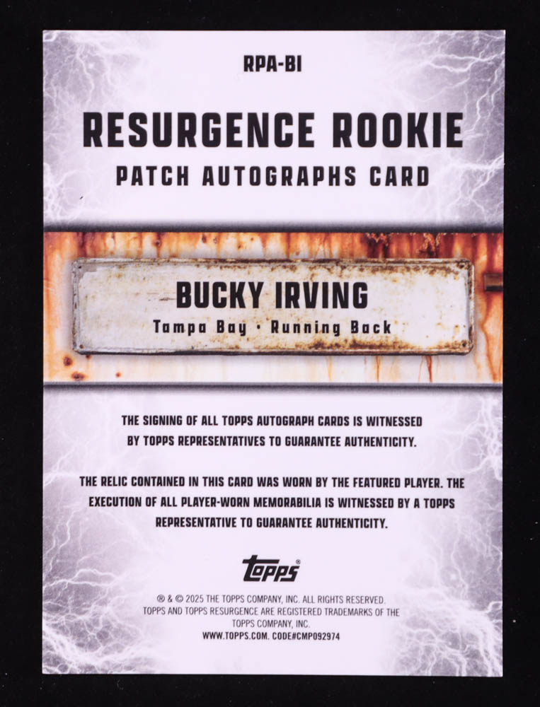 Bucky Irving 2024 Topps Resurgence Resurgence Rookie Patch Autographs White Surge #RPABI RC #123/125 at PristineAuction.com Bucky Irving 2024 Topps Resurgence Resurgence Rookie Patch Autographs White Surge #RPABI RC #123/125 at PristineAuction.com