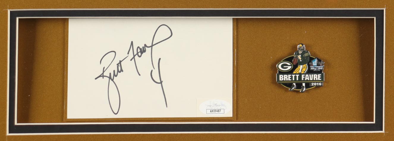 Brett Favre Signed Custom Framed Cut Display with Jersey & Super Bowl Pin (JSA) at PristineAuction.com Brett Favre Signed Custom Framed Cut Display with Jersey & Super Bowl Pin (JSA) at PristineAuction.com