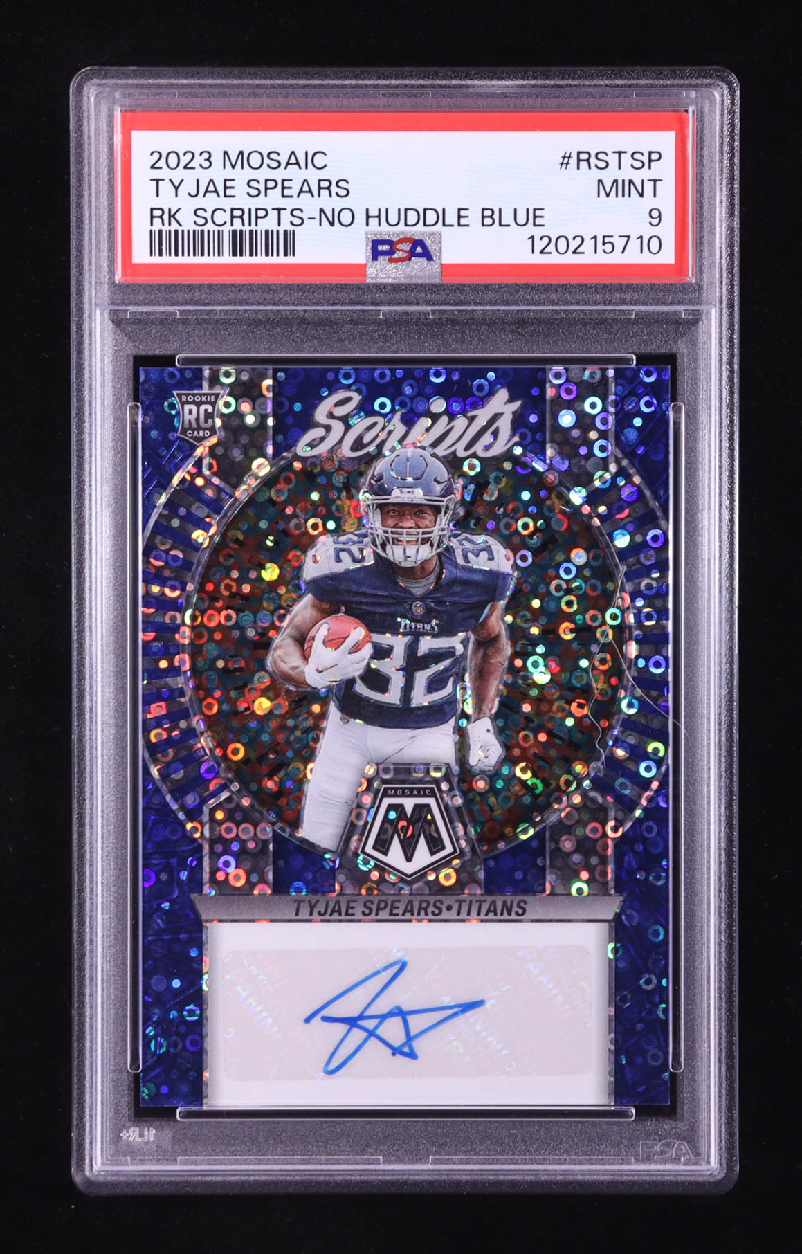 Tyjae Spears 2023 Panini Mosaic Rookie Scripts No Huddle Blue Auto #RS-TSP RC (PSA 9) at PristineAuction.com Tyjae Spears 2023 Panini Mosaic Rookie Scripts No Huddle Blue Auto #RS-TSP RC (PSA 9) at PristineAuction.com
