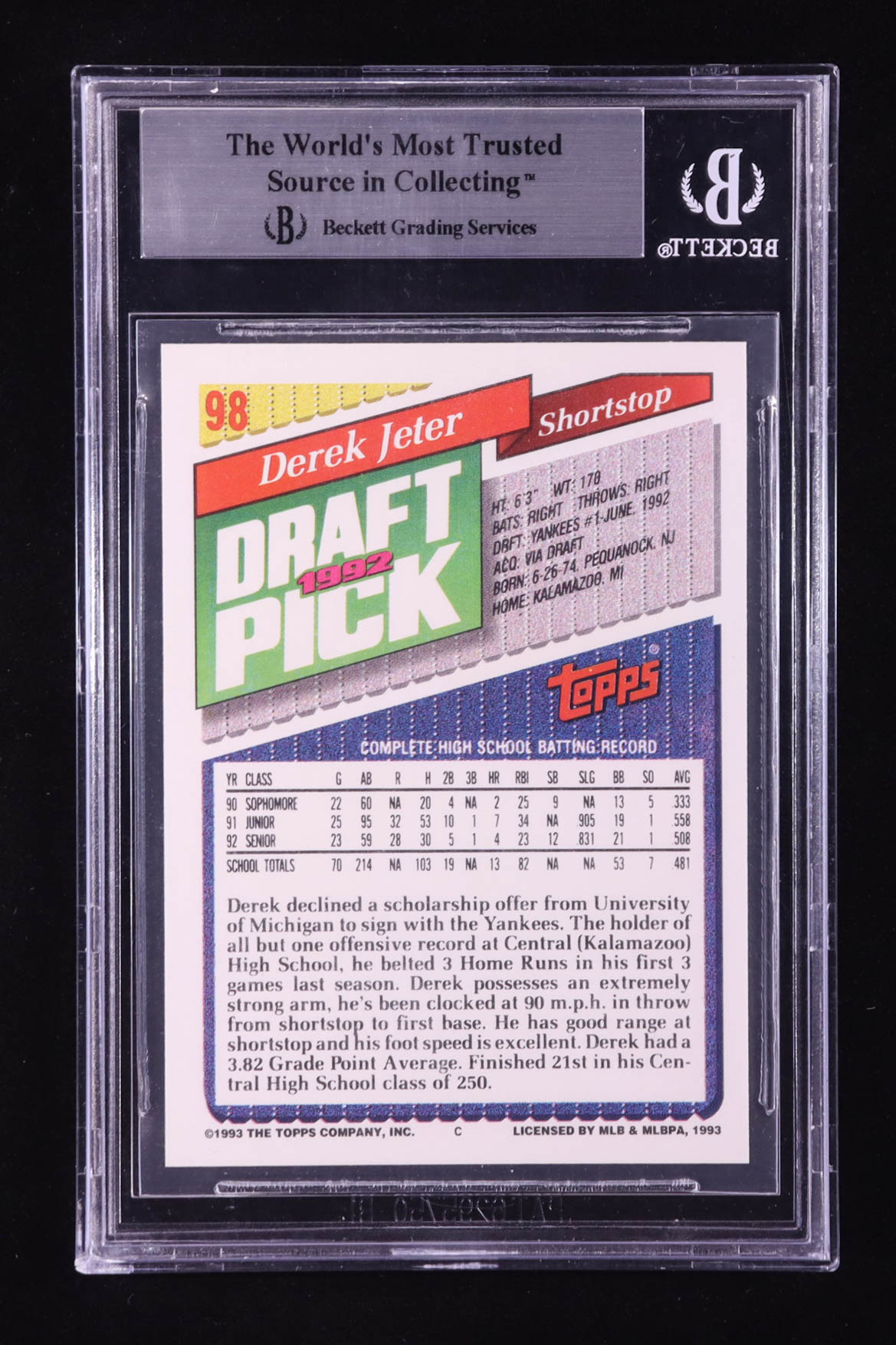 Derek Jeter 1993 Topps #98 RC (BGS 9) at PristineAuction.com Derek Jeter 1993 Topps #98 RC (BGS 9) at PristineAuction.com