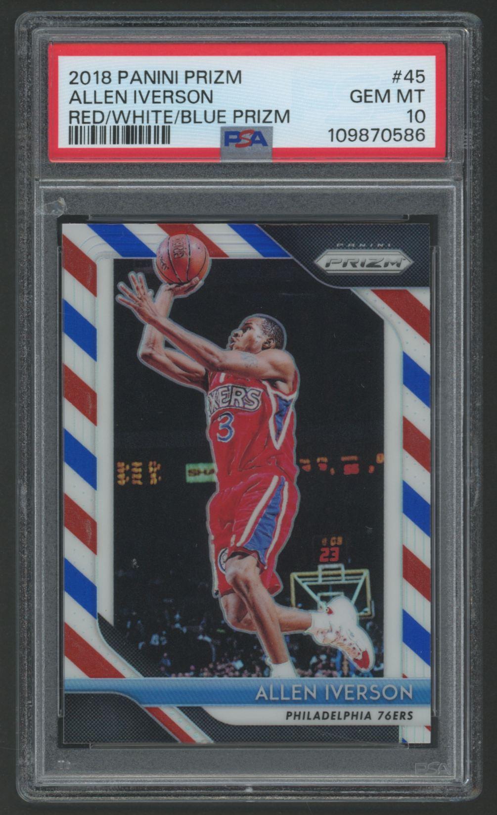 Allen Iverson 2018 Panini Prizm Red / White / Blue #45 (PSA 10) at PristineAuction.com Allen Iverson 2018 Panini Prizm Red / White / Blue #45 (PSA 10) at PristineAuction.com