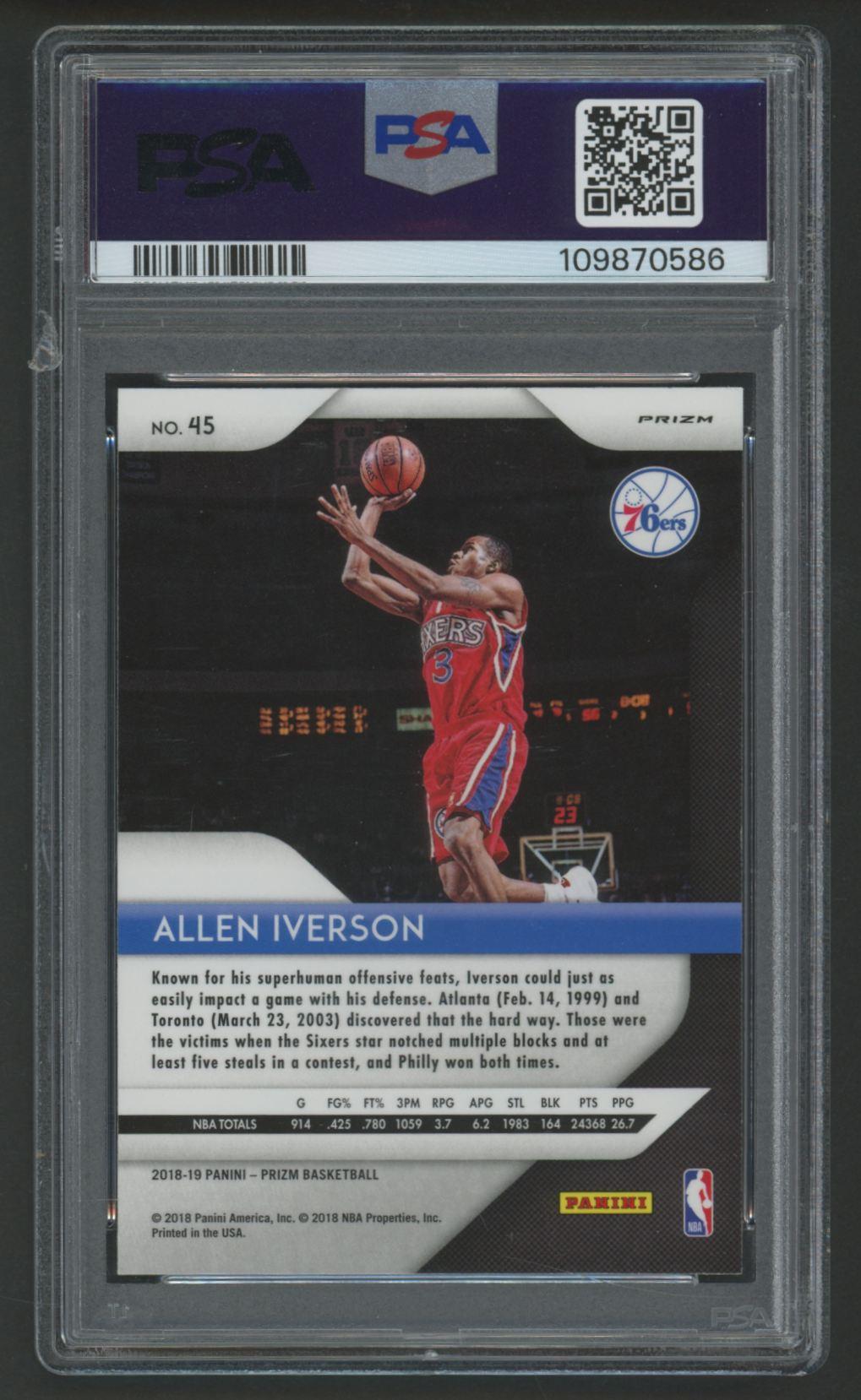Allen Iverson 2018 Panini Prizm Red / White / Blue #45 (PSA 10) at PristineAuction.com Allen Iverson 2018 Panini Prizm Red / White / Blue #45 (PSA 10) at PristineAuction.com