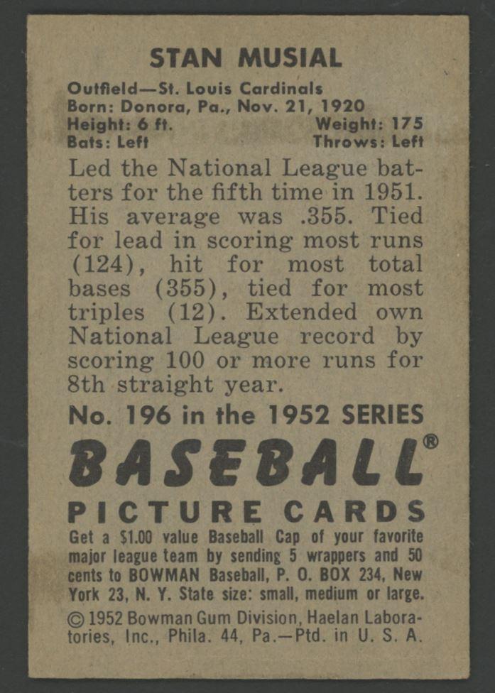 Stan Musial 1952 Bowman #196 at PristineAuction.com Stan Musial 1952 Bowman #196 at PristineAuction.com