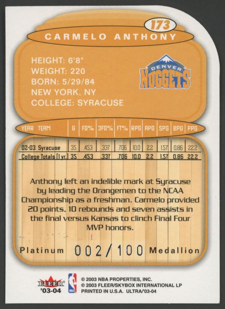 Carmelo Anthony 2003-04 Ultra Lucky 13 Platinum #173 #2/100 RC at PristineAuction.com Carmelo Anthony 2003-04 Ultra Lucky 13 Platinum #173 #2/100 RC at PristineAuction.com
