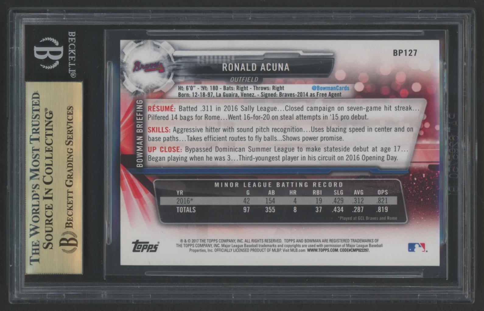 Ronald Acuna Jr. 2017 Bowman Prospects Yellow #BP127 (BGS 9.5) at PristineAuction.com Ronald Acuna Jr. 2017 Bowman Prospects Yellow #BP127 (BGS 9.5) at PristineAuction.com