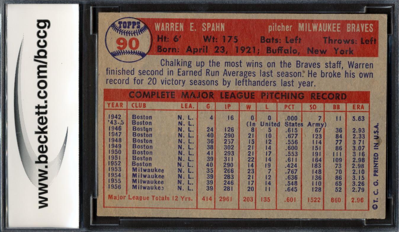 Warren Spahn 1957 Topps #90 (BCCG 8) at PristineAuction.com Warren Spahn 1957 Topps #90 (BCCG 8) at PristineAuction.com