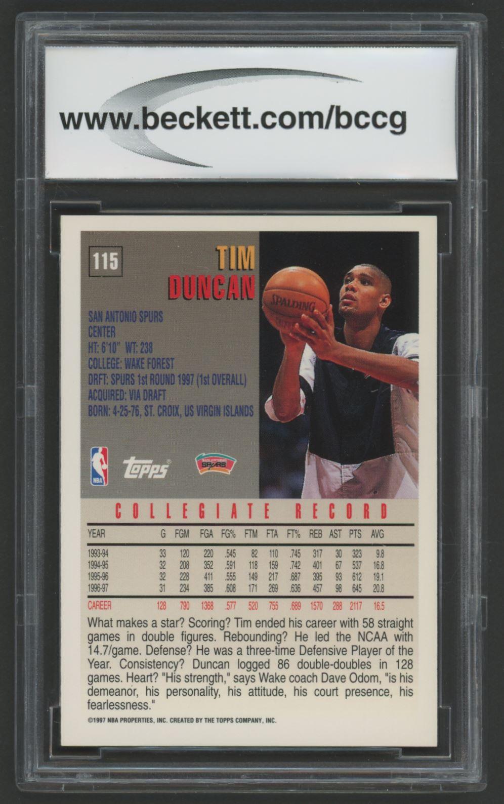 Tim Duncan 1997-98 Topps #115 (BCCG 10) at PristineAuction.com Tim Duncan 1997-98 Topps #115 (BCCG 10) at PristineAuction.com