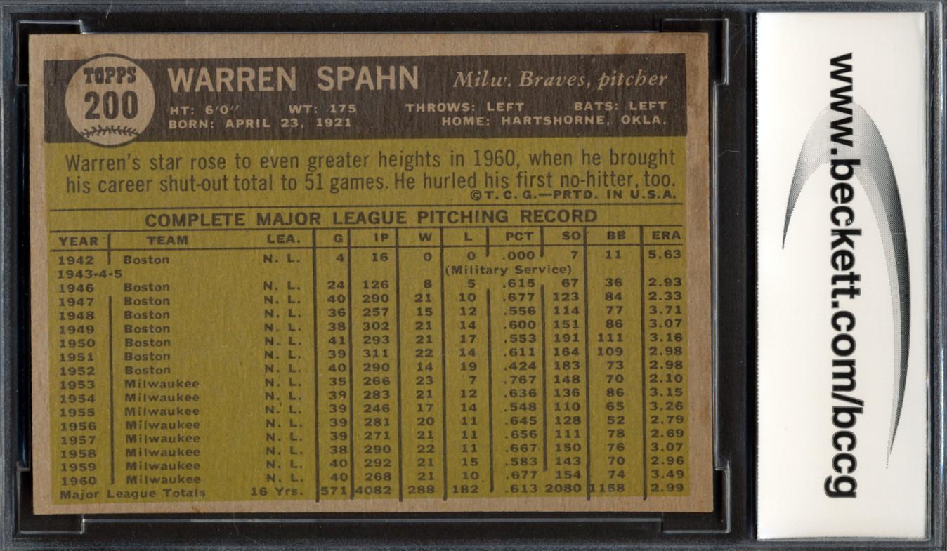 Warren Spahn 1961 Topps #200 (BCCG 8) at PristineAuction.com Warren Spahn 1961 Topps #200 (BCCG 8) at PristineAuction.com