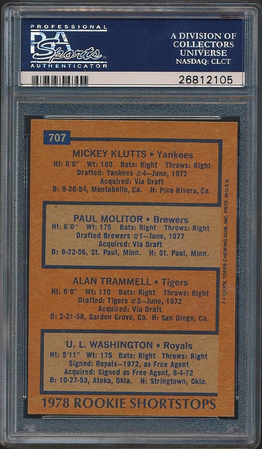Paul Molitor Signed Mickey Klutts / Paul Molitor RC / Alan Trammell RC / U.L. Washington RC 1978 Topps / Rookie Shortstops #707 (PSA) at PristineAuction.com Paul Molitor Signed Mickey Klutts / Paul Molitor RC / Alan Trammell RC / U.L. Washington RC 1978 Topps / Rookie Shortstops #707 (PSA) at PristineAuction.com