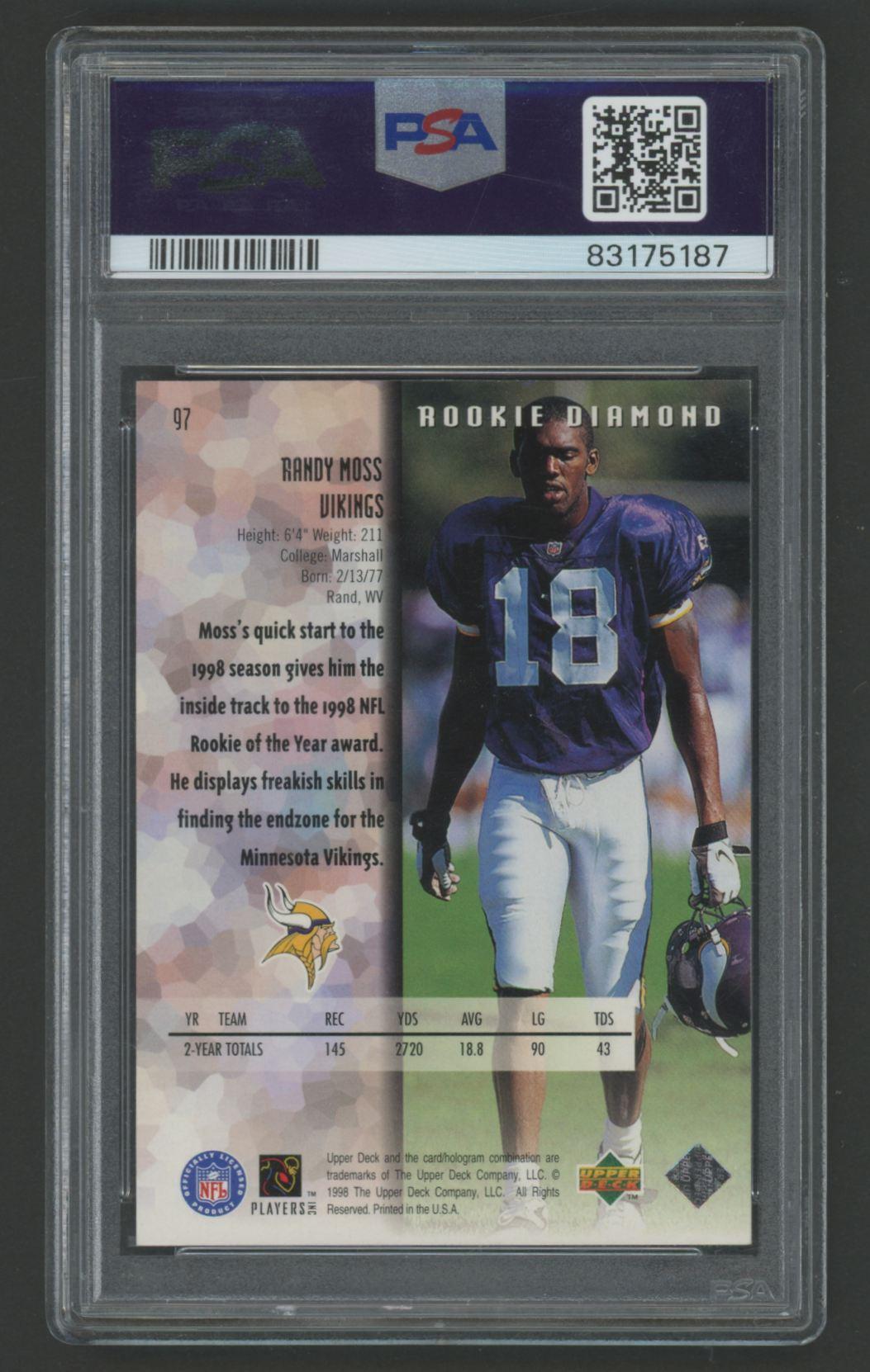 Randy Moss 1998 Upper Deck Black Diamond Rookies Single #97 (PSA 9) at PristineAuction.com Randy Moss 1998 Upper Deck Black Diamond Rookies Single #97 (PSA 9) at PristineAuction.com