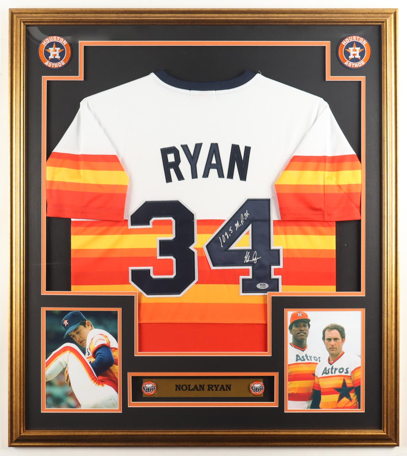 Nolan Ryan Signed Custom Framed Jersey Display Inscribed "108.5 M.P.H" with (2) Astros Logo Pins (PSA) at PristineAuction.com Nolan Ryan Signed Custom Framed Jersey Display Inscribed "108.5 M.P.H" with (2) Astros Logo Pins (PSA) at PristineAuction.com