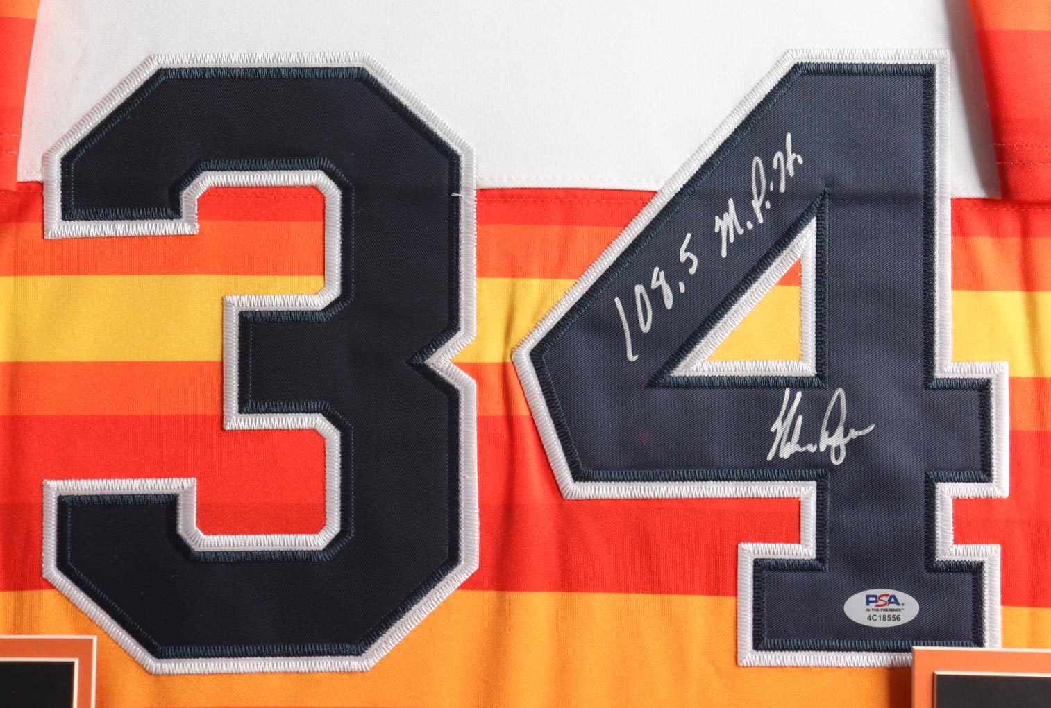 Nolan Ryan Signed Custom Framed Jersey Display Inscribed "108.5 M.P.H" with (2) Astros Logo Pins (PSA) at PristineAuction.com Nolan Ryan Signed Custom Framed Jersey Display Inscribed "108.5 M.P.H" with (2) Astros Logo Pins (PSA) at PristineAuction.com