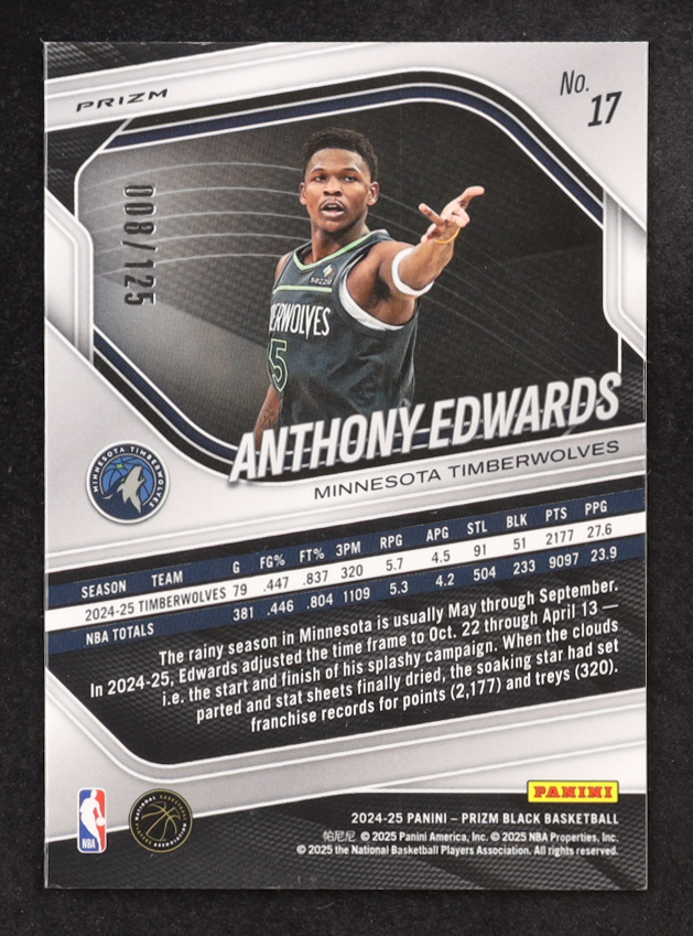 Anthony Edwards 2024-25 Panini Prizm Black Prizms Blue Ice #17 #008/125 at PristineAuction.com Anthony Edwards 2024-25 Panini Prizm Black Prizms Blue Ice #17 #008/125 at PristineAuction.com