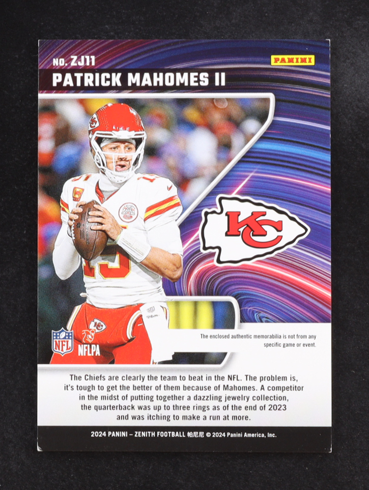 Patrick Mahomes II 2024 Panini Zenith Z-Jersey #ZJ-11 at PristineAuction.com Patrick Mahomes II 2024 Panini Zenith Z-Jersey #ZJ-11 at PristineAuction.com