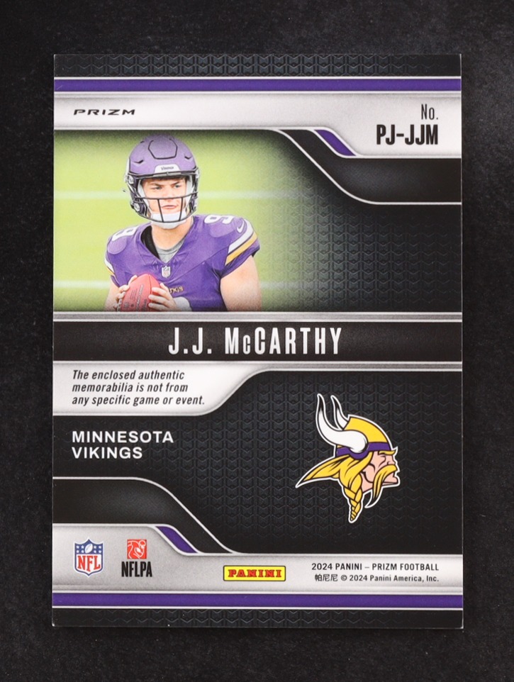 JJ Mccarthy 2024 Panini Prizm Premier Jersey #PJ-JJM RC at PristineAuction.com JJ Mccarthy 2024 Panini Prizm Premier Jersey #PJ-JJM RC at PristineAuction.com
