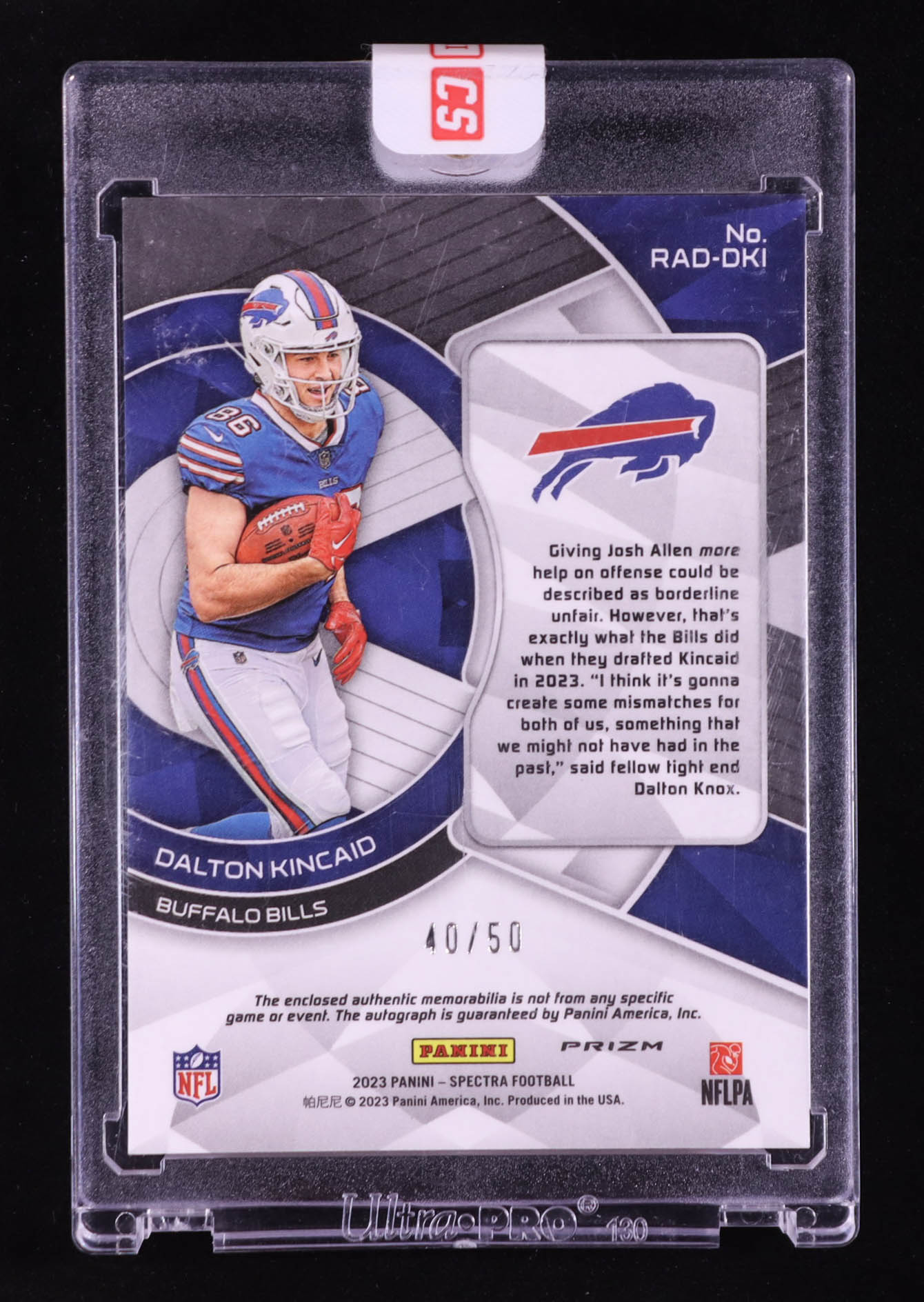 Dalton Kincaid 2023 Panini Spectra Neon Blue #207 Jersey Autograph RC #40/50 at PristineAuction.com Dalton Kincaid 2023 Panini Spectra Neon Blue #207 Jersey Autograph RC #40/50 at PristineAuction.com