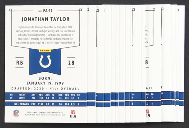 Lot Of (21) Jonathan Taylor 2020 Panini #12 RC at PristineAuction.com Lot Of (21) Jonathan Taylor 2020 Panini #12 RC at PristineAuction.com