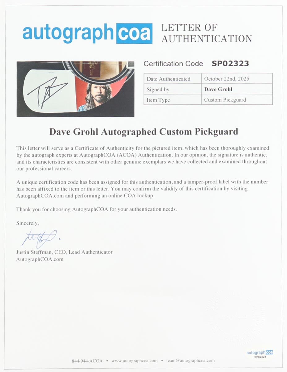 Dave Grohl Guitar with Signed Custom Insert Pickguard (ACOA) at PristineAuction.com Dave Grohl Guitar with Signed Custom Insert Pickguard (ACOA) at PristineAuction.com