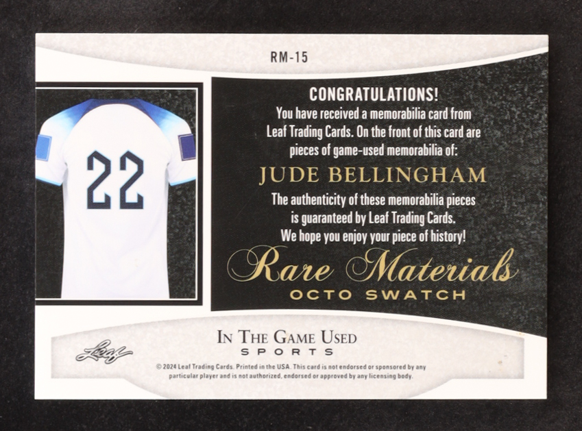Jude Bellingham 2024 Leaf ITG Used Sports Rare Materials Octo Swatch Crystal Rainbow #RM15 #06/35 at PristineAuction.com Jude Bellingham 2024 Leaf ITG Used Sports Rare Materials Octo Swatch Crystal Rainbow #RM15 #06/35 at PristineAuction.com