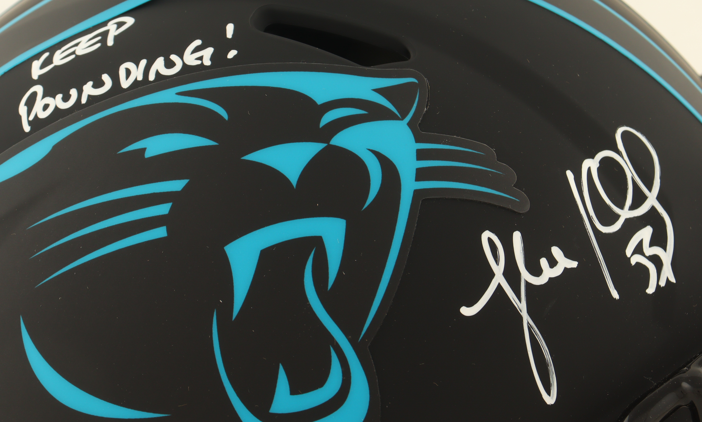 Luke Kuechly Signed Panthers Full-Size Authentic On-Field Eclipse Alternate Speed Helmet Inscribed "Keep Pounding!" (Beckett) at PristineAuction.com Luke Kuechly Signed Panthers Full-Size Authentic On-Field Eclipse Alternate Speed Helmet Inscribed "Keep Pounding!" (Beckett) at PristineAuction.com