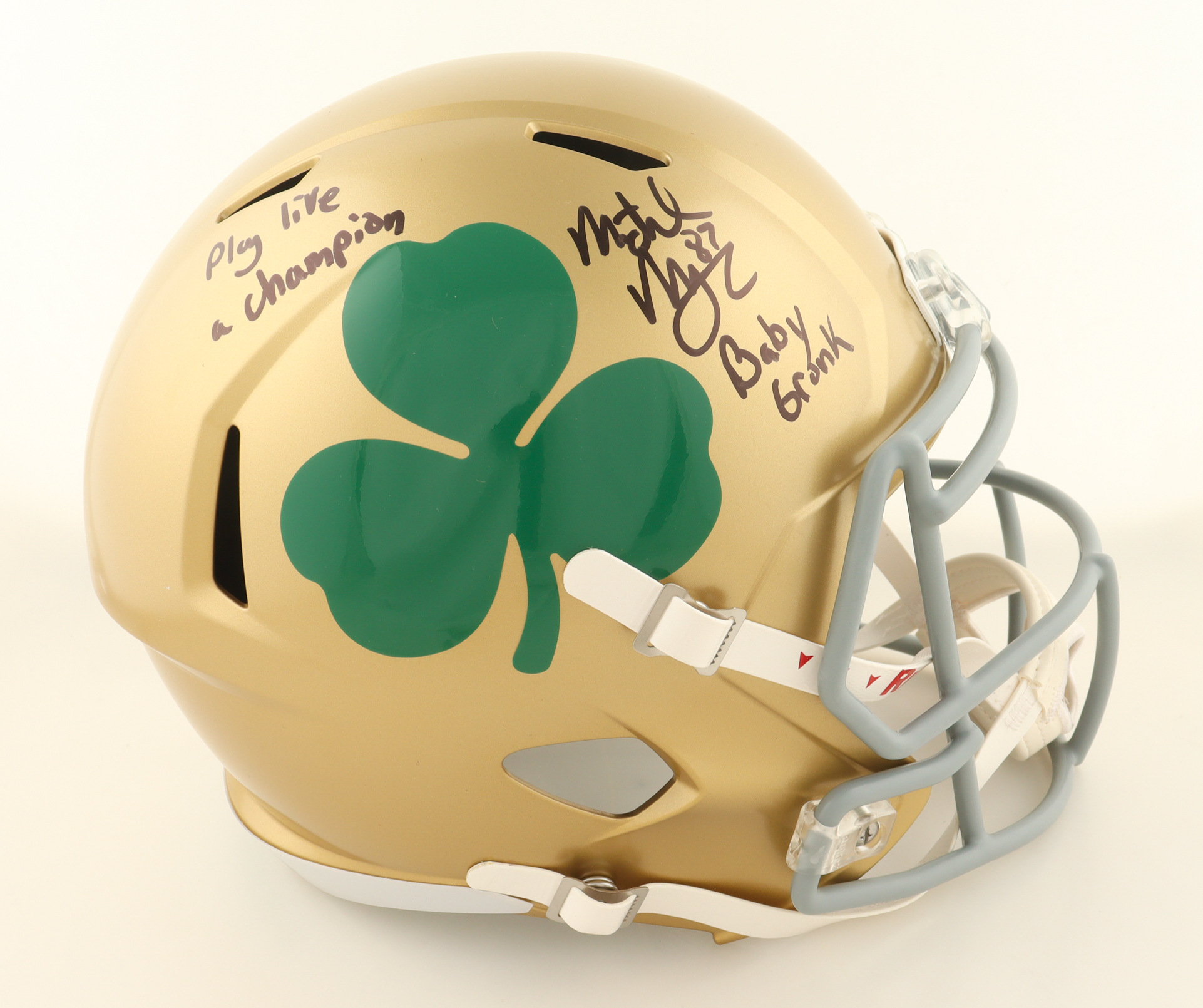 Michael Mayer Signed Notre Dame Fighting Irish Full-Size Speed Helmet Inscribed "Baby Gronk" & "Play Like A Champion" (Beckett) at PristineAuction.com Michael Mayer Signed Notre Dame Fighting Irish Full-Size Speed Helmet Inscribed "Baby Gronk" & "Play Like A Champion" (Beckett) at PristineAuction.com
